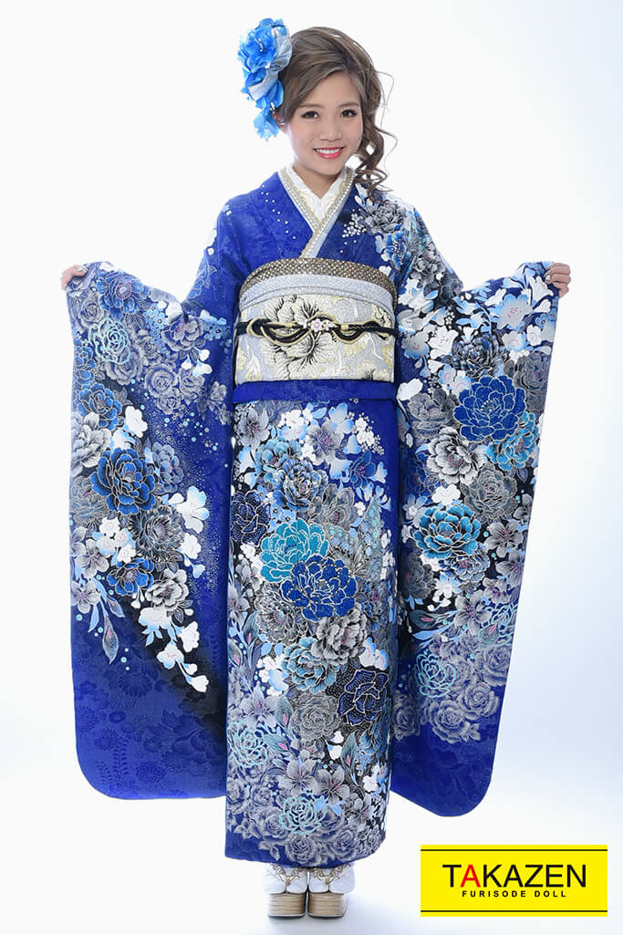 お得！クール系 ブルー(青)/黒 牡丹柄 派手 人気 エレガント