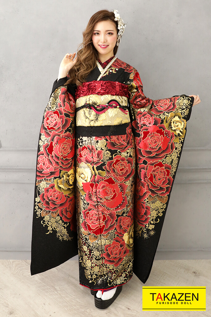 モード 黒/赤/ゴールド(金色) 薔薇柄 高級 1番目立つ振袖 キラキラ