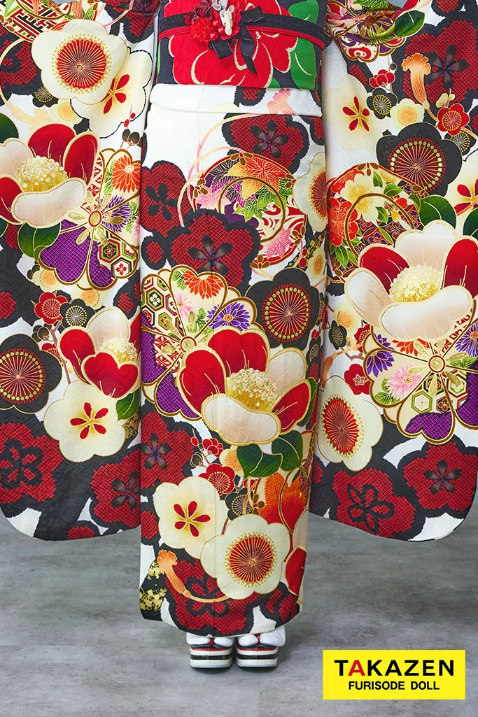 格安レトロ古典 白地/赤 椿柄 ポップ かわいい お洒落 目立つ【通販可