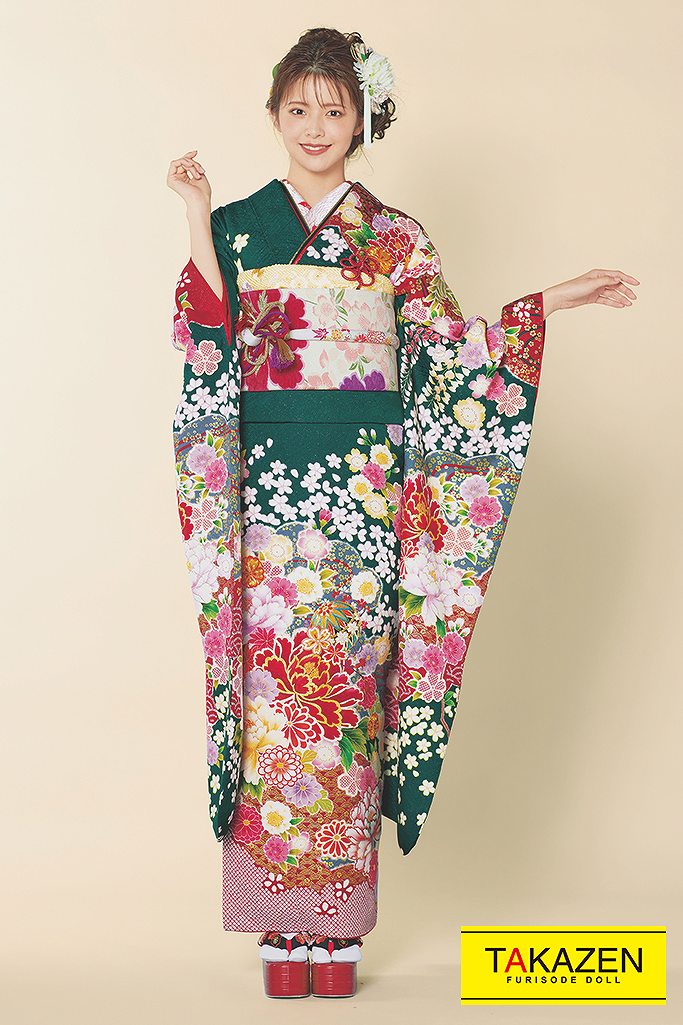 正統派古典 柄/大柄 赤/グリーン(緑色) 豪華 古典柄振袖 華やか