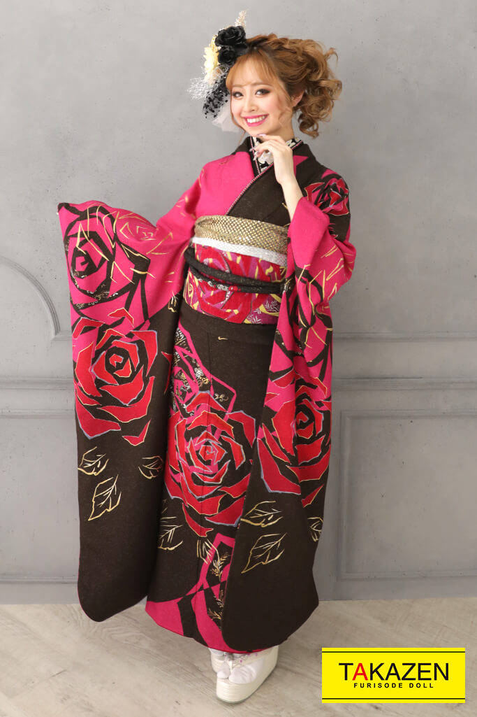 格安モード 茶/ピンク 薔薇柄/大柄 人気 派手 目立つモード振袖 格安
