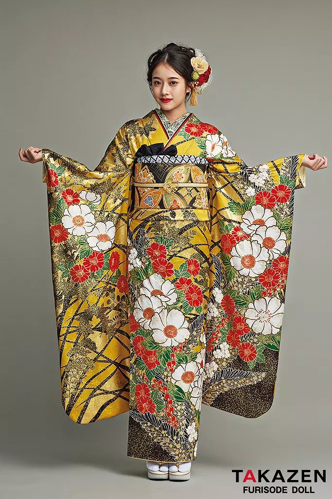 最高級古典柄振袖 滝泰/最高級金彩刺繍絞り友禅 からし/黄/赤 牡丹柄