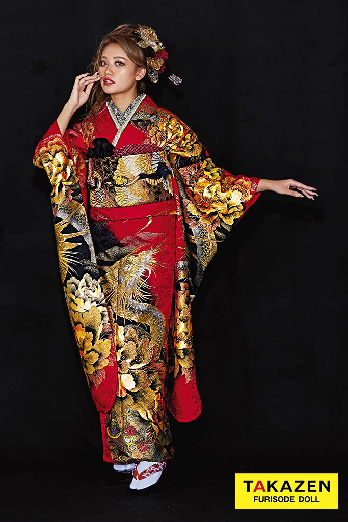 ジャパンモード 赤/黒/ゴールド(金色) 本家龍柄 派手 渋い振袖