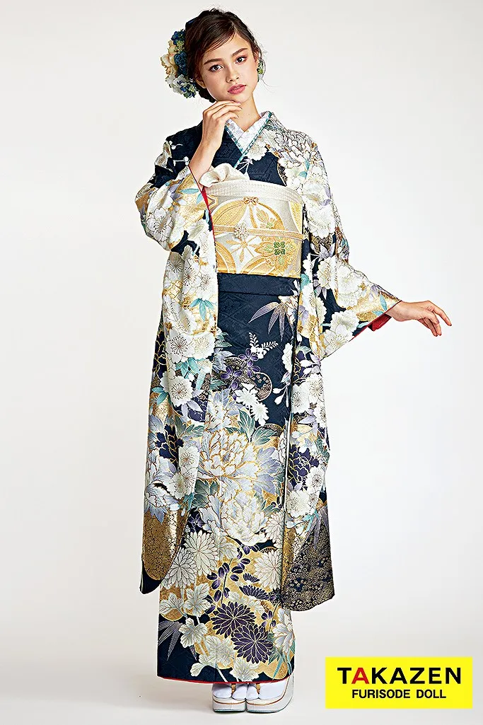 正統派古典 紺色(ネイビー)/金 牡丹柄 豪華 きれいめ 華やか 清楚 大人