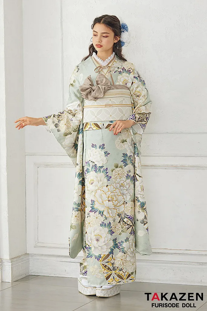 くすみカラー古典 ミントグリーン/淡色 牡丹柄 大人っぽい エレガント