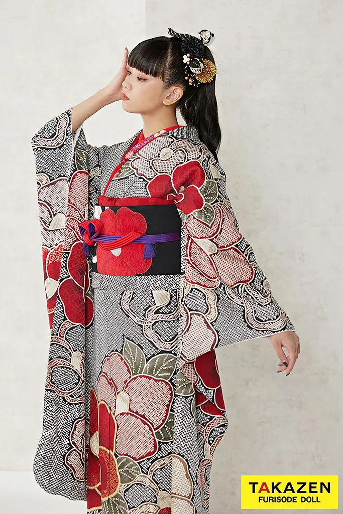 ヴィンテージスタイル 黒/赤 絞り風/椿柄 モダン 大人っぽい振袖