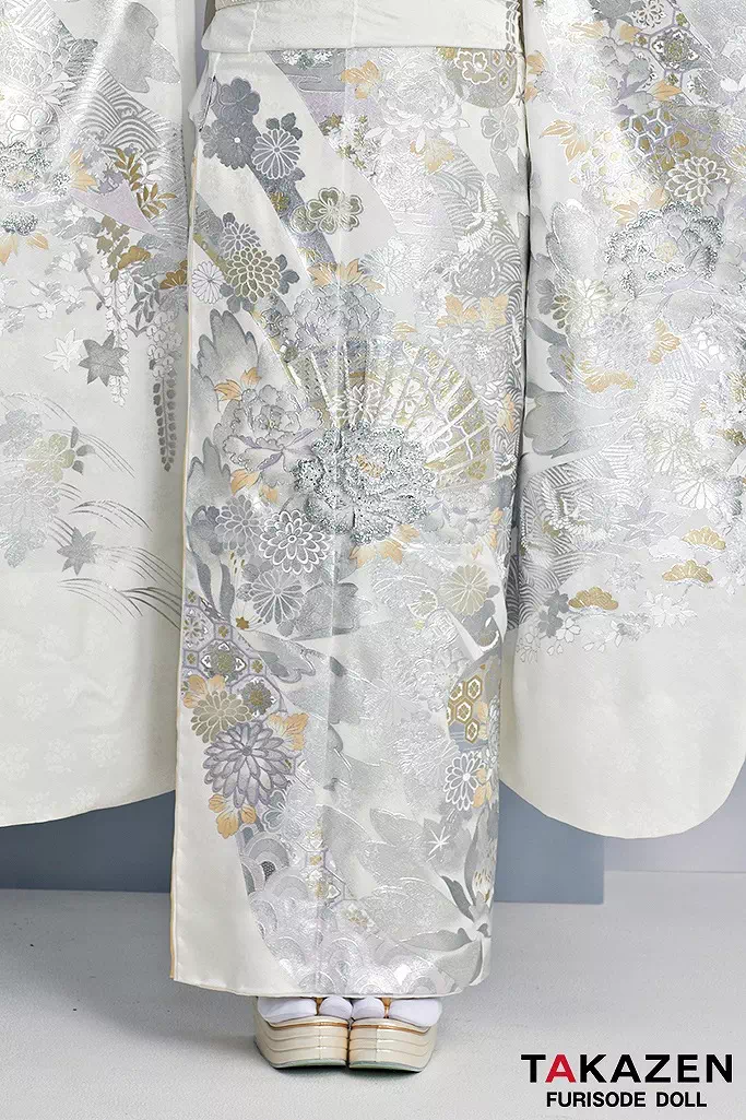 最高級古典柄振袖 関芳/最高級金彩刺繍友禅 白/シルバー 扇面 キラキラ