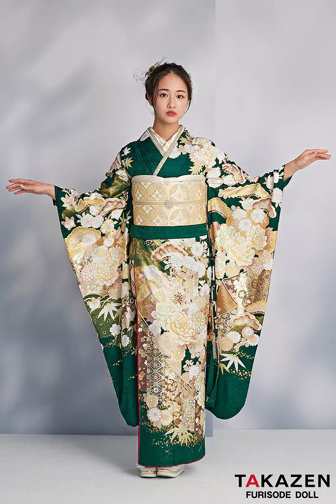 最高級古典柄振袖 関芳/最高級金彩刺繍友禅 緑/金 御所車柄/牡丹柄