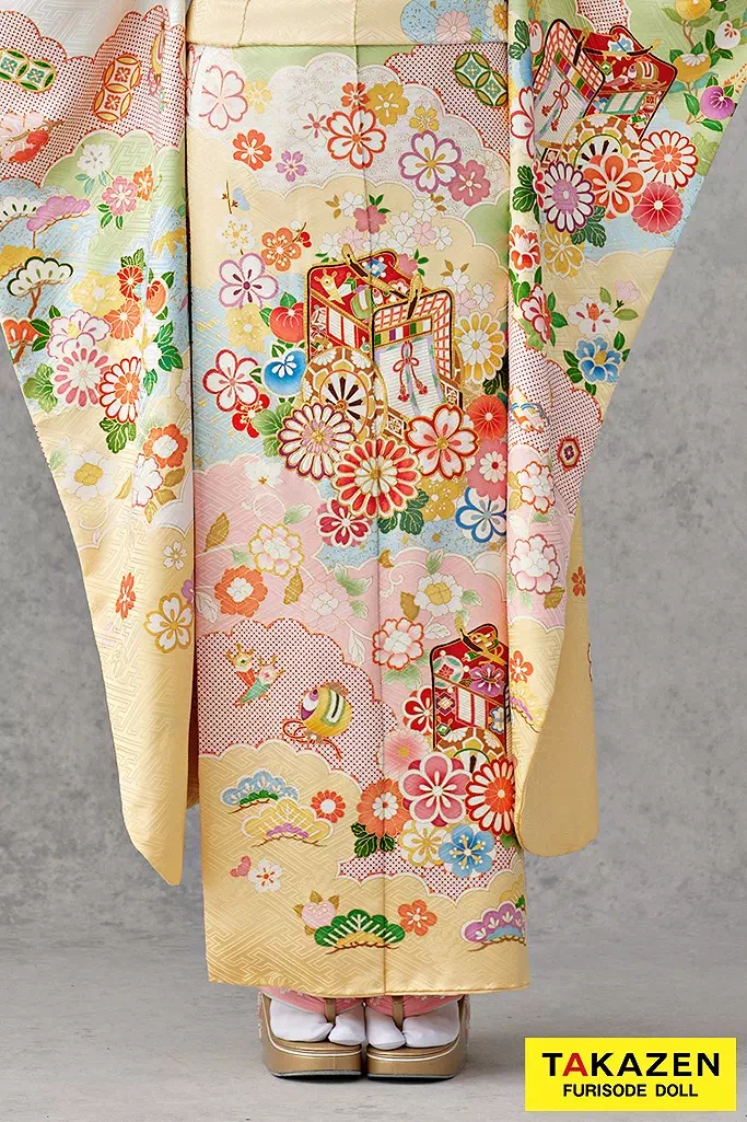 最高級古典柄振袖 吉澤織物/吾妻徳穂 黄色/ピンク 御所車柄/雲取り