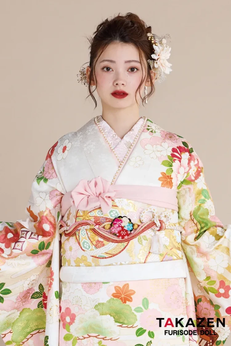 正統派古典 白/ピンク 御所車柄/牡丹柄 吉澤織物/最高級金彩手描友禅