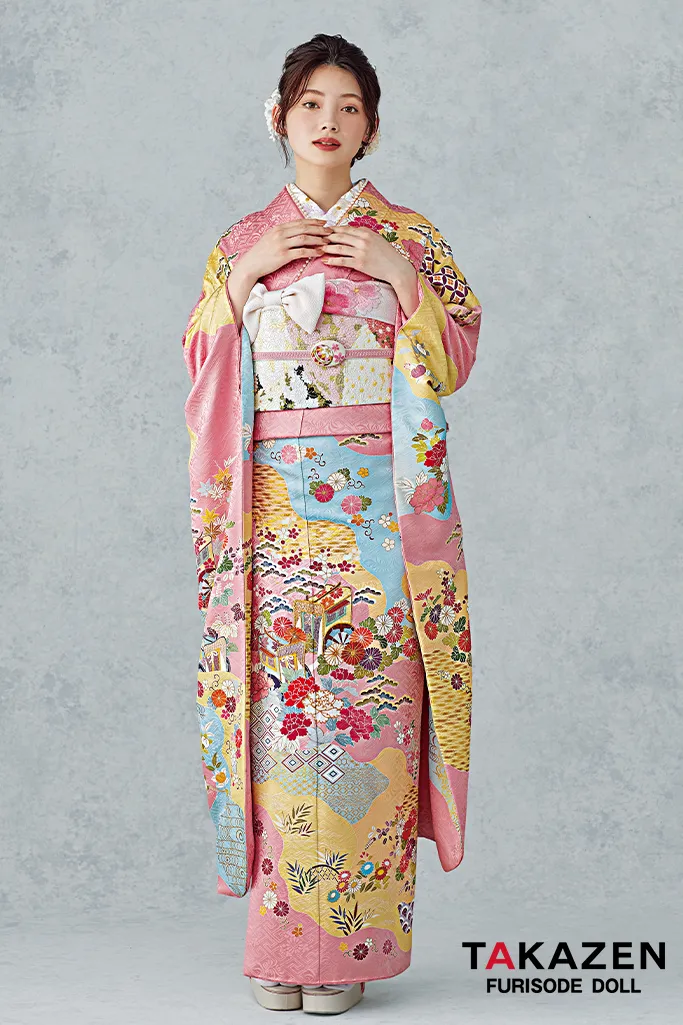 最高級古典柄振袖 千總/最高級金彩刺繍手描京友禅 ピンク/水色 御所車