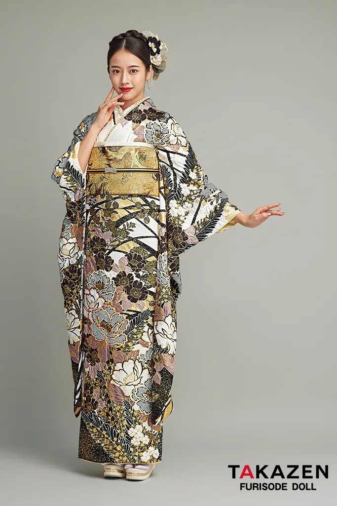 最高級古典柄振袖 滝泰/最高級金彩刺繍絞り友禅 白/金 貝桶柄