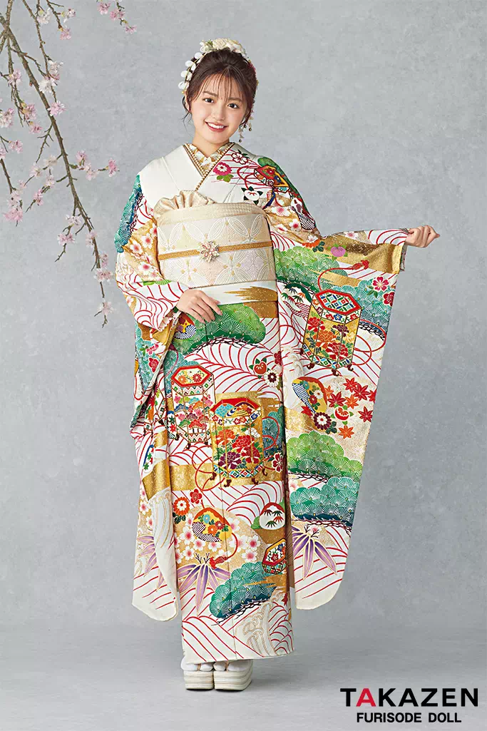 最高級古典柄振袖 吉澤織物/最高級金彩手描友禅 白 貝桶/波模様 上品