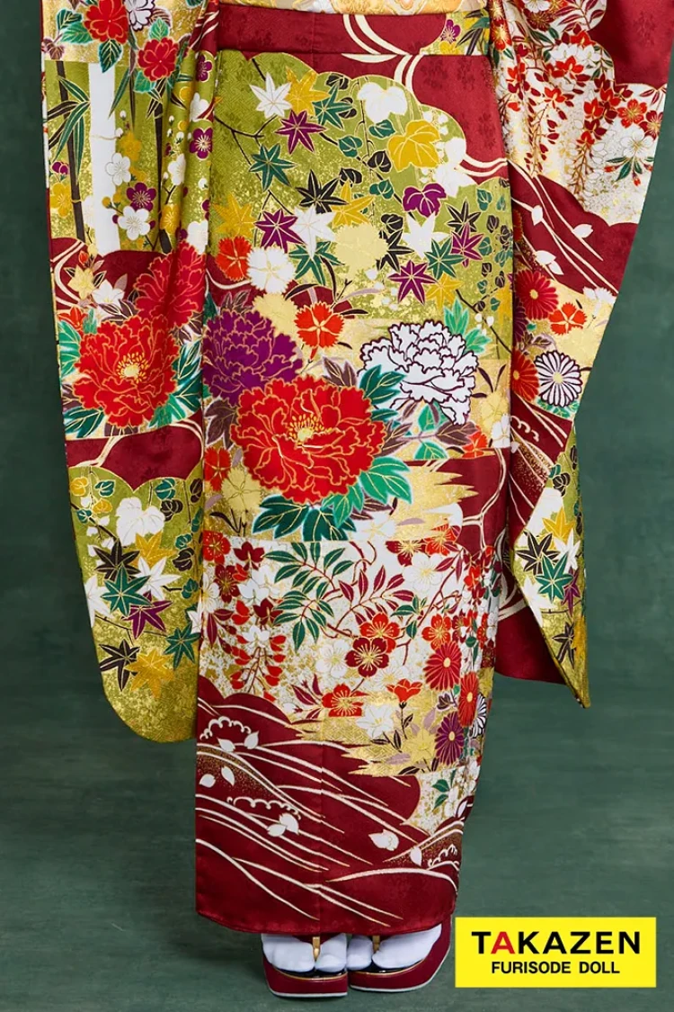 プレミアム古典 青柳/最高級金彩絞り手描友禅 エンジ 牡丹柄 大人っ