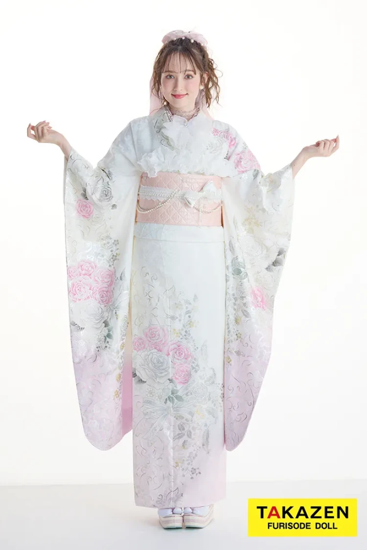 ヘップバーンローズ 白/ピンク バラ柄/リボン柄 かわいい振袖 透明感