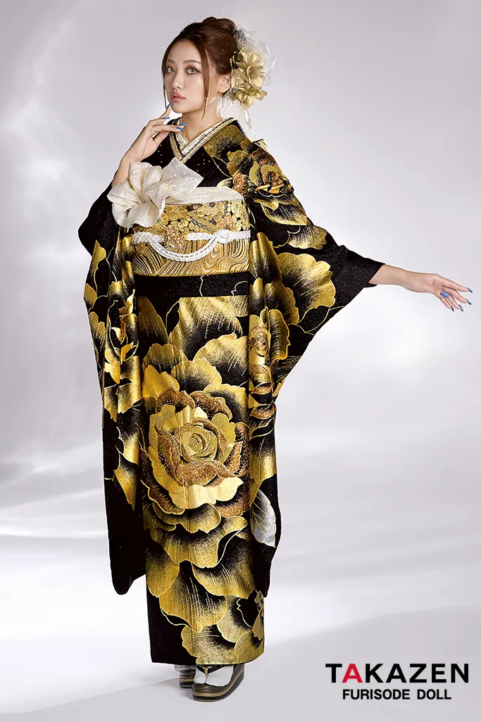 ゴージャス 黒/金/ゴールド 薔薇柄/大柄 派手 ギャル振袖 クール系