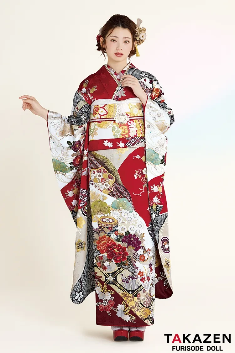 正統派古典 赤/白 貝桶柄/牡丹柄 金彩金駒刺繍京友禅 定番 上品 綺麗