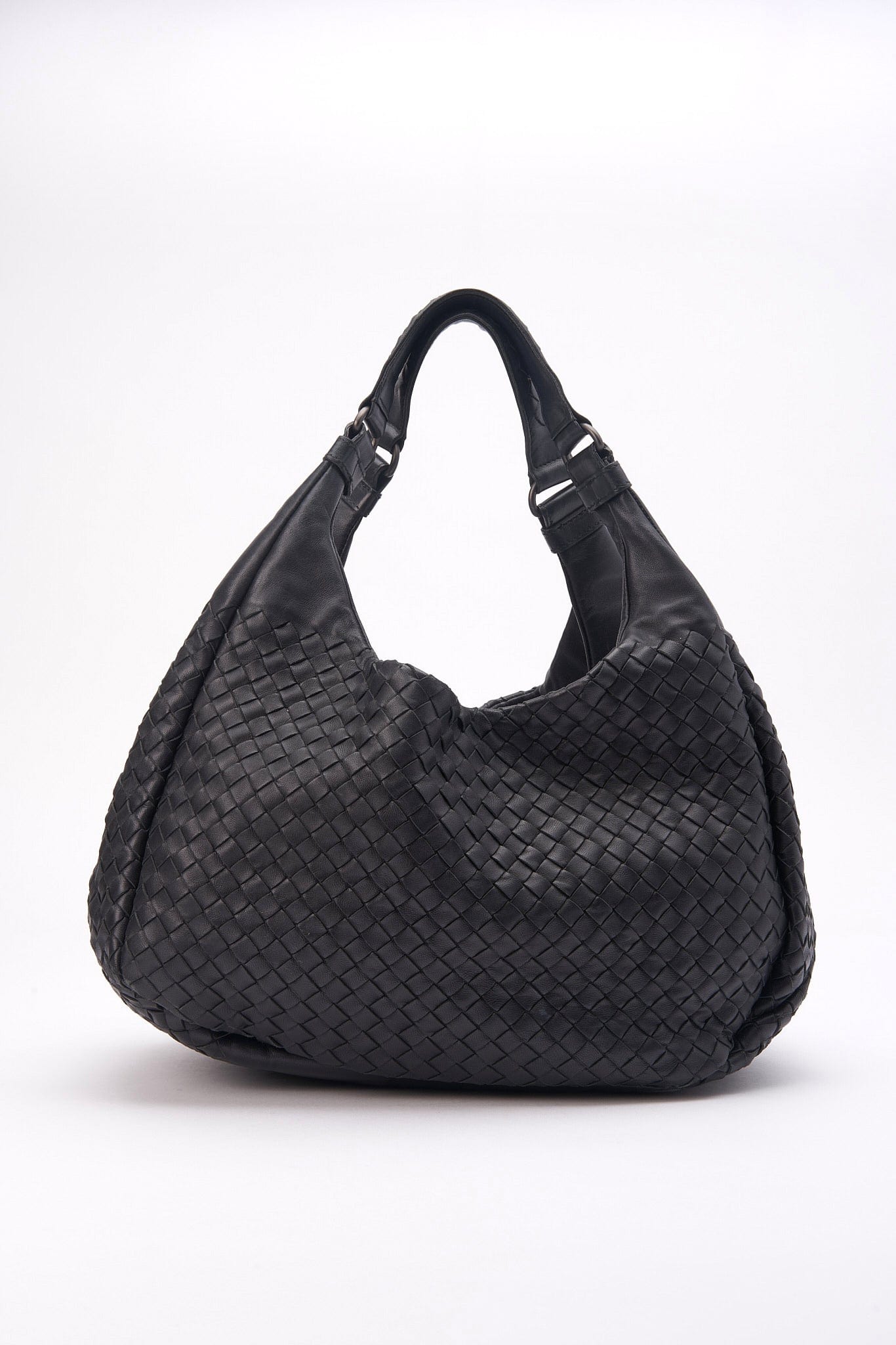 Vintage Bottega Veneta Black Intrecciato Leather Hobo Shoulder Bag