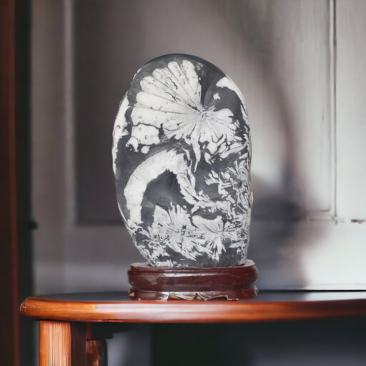 菊花石 菊石 菊花石 菊石 水石 色彩石 台座付 高約25cm