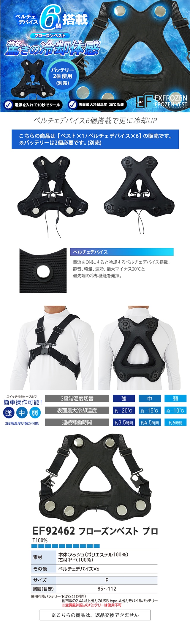 ペルチェデバイス6個搭載のフローズンベストプロEF92462RR