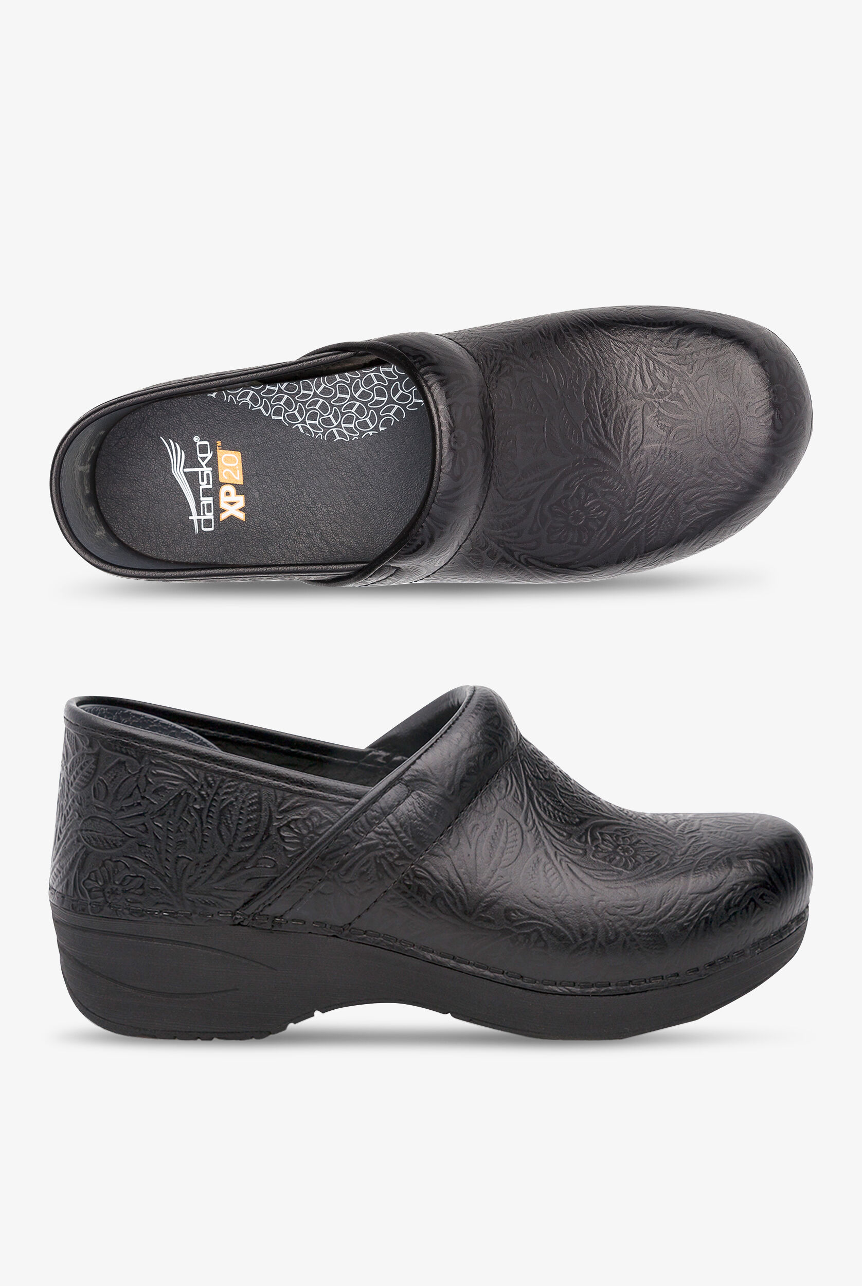 Dansko Pro XP 2.0 Black Floral Tooled Leather Clogs, Nursing Clogs