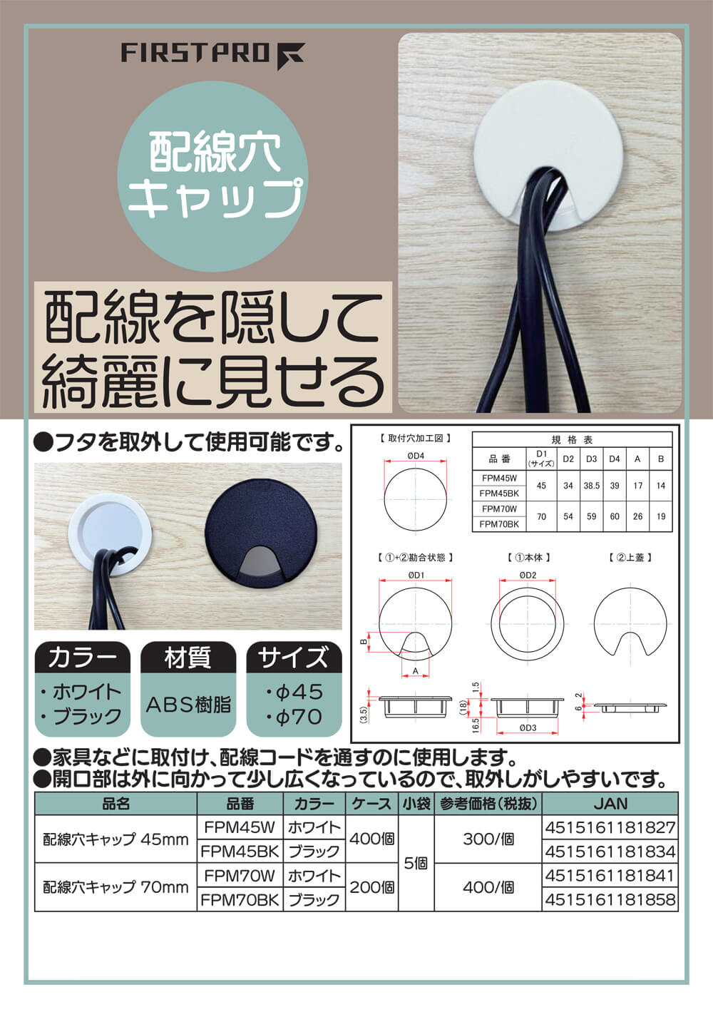 FIRST PRO FPM45W 配線穴キャップ 5個入り ウエダ金物【公式サイト】