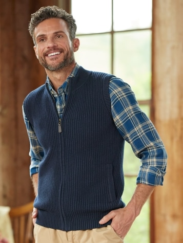 Mens Cotton Full-Zip Shaker-Stitch Vest