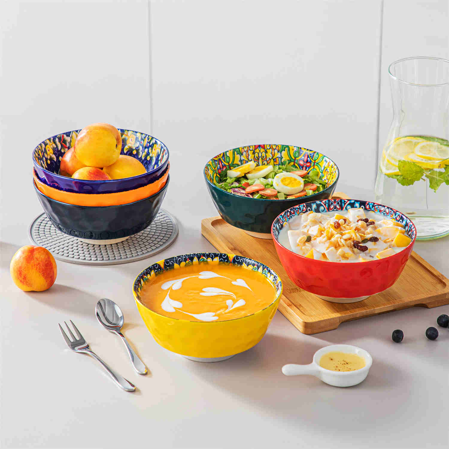 Simi Ceramic Bowls Set of 6 | 26 oz Boho Cereal Bowls
