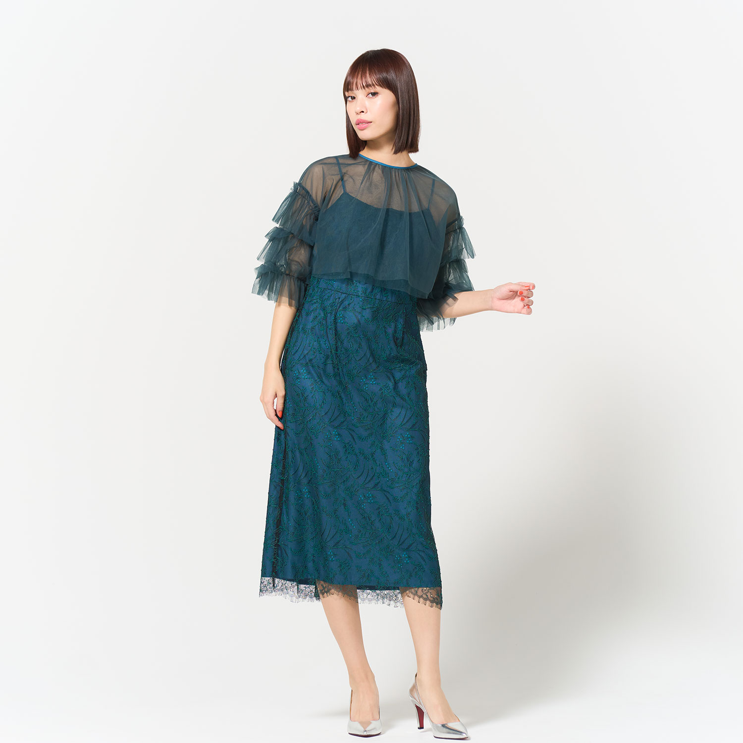 DRESS COLLECTION】チュールフリルブラウス×レースドレス