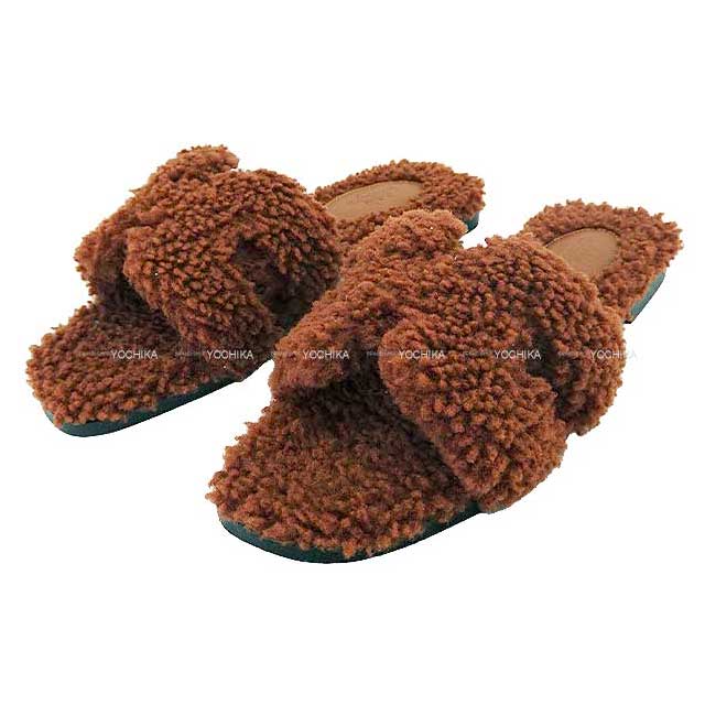 HERMES エルメス サンダル オラン テディベア ムートン #36 コニャック