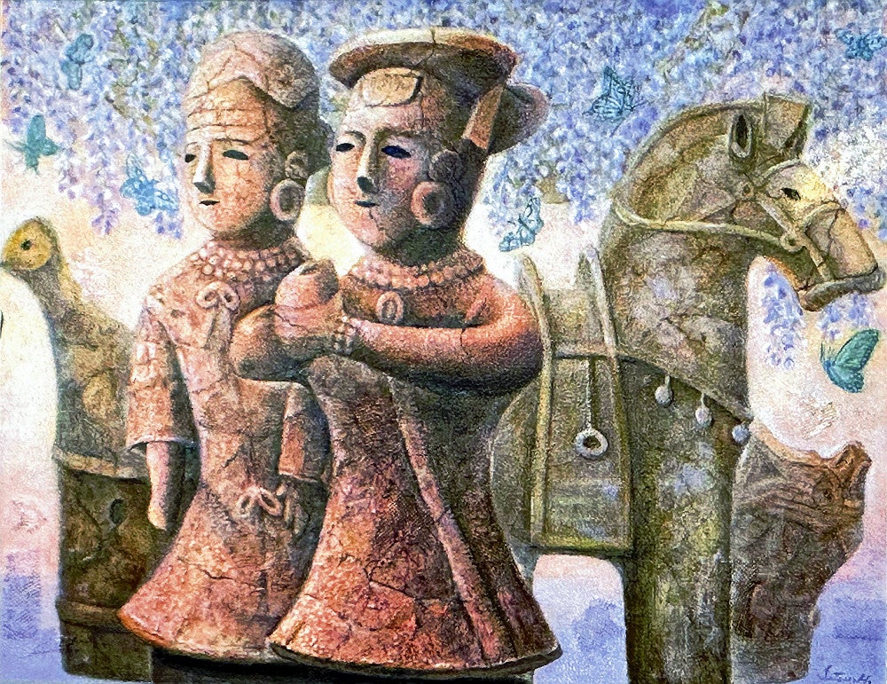 元気に埴輪を描く95歳アマチュア画家、個展の収益など35万円寄付