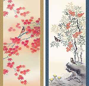 花鳥の掛け軸 田村竹世作 四季花鳥 お得な4本セット