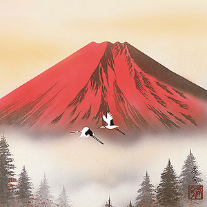 山水の掛け軸 伊藤香旬作 赤富士飛翔