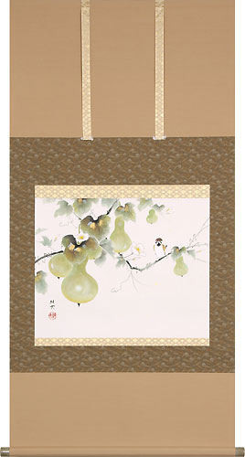 花鳥の掛け軸 佐藤純吉作 六瓢息災