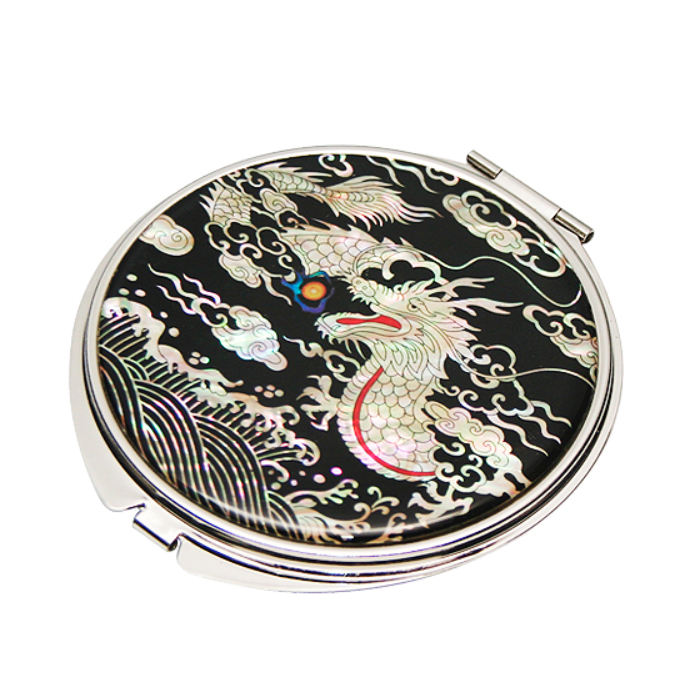 天然貝 コンパクトミラー（龍と赤玉黒）シェル・螺鈿 韓国 ミラー 鏡