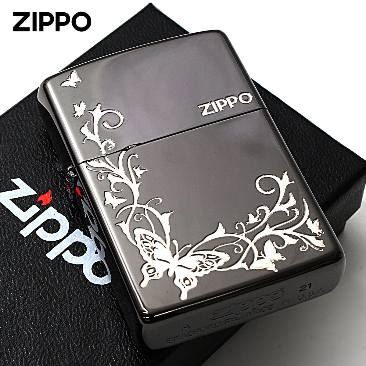 Zippo ジッポー バタフライ アラベスク 蝶々 唐草 ブラックニッケル 銀