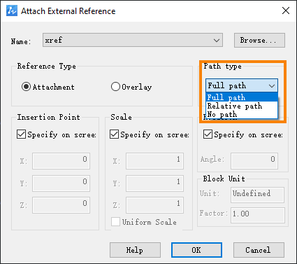 ZWCADで外部参照をアタッチする場合のさまざまなパスタイプオプション