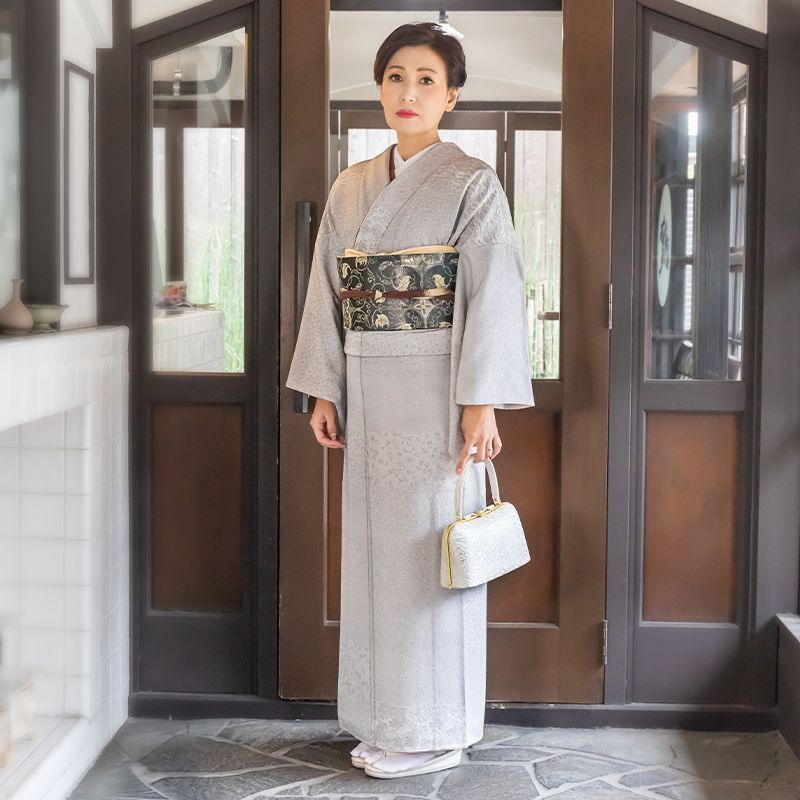 訪問着：H912 桂由美 【お召】グレー 横段柄| 訪問着レンタル │ 京都