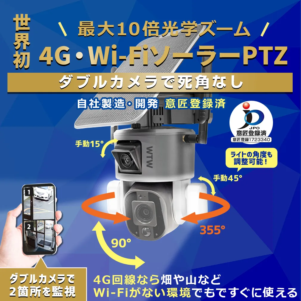 公式WTW塚本無線】800万画素 Wカメラ WIFIソーラーPTZ Wレンズ搭載