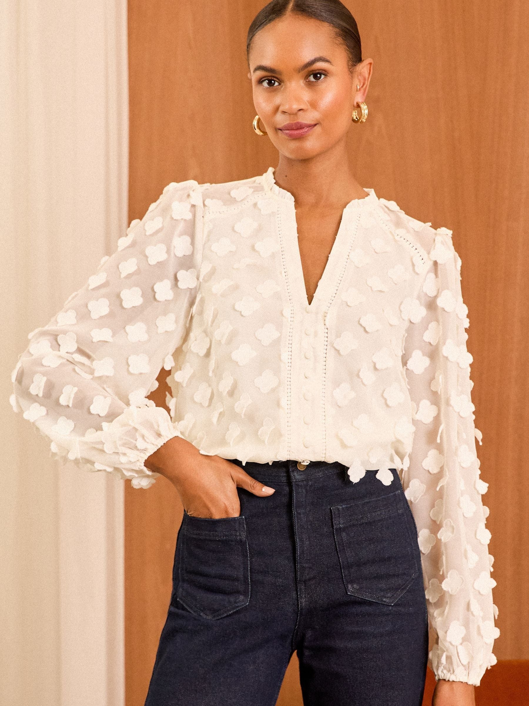 Buy Love & Roses Ivory 3D Floral Print V-Neck Long Sleeve Blouse