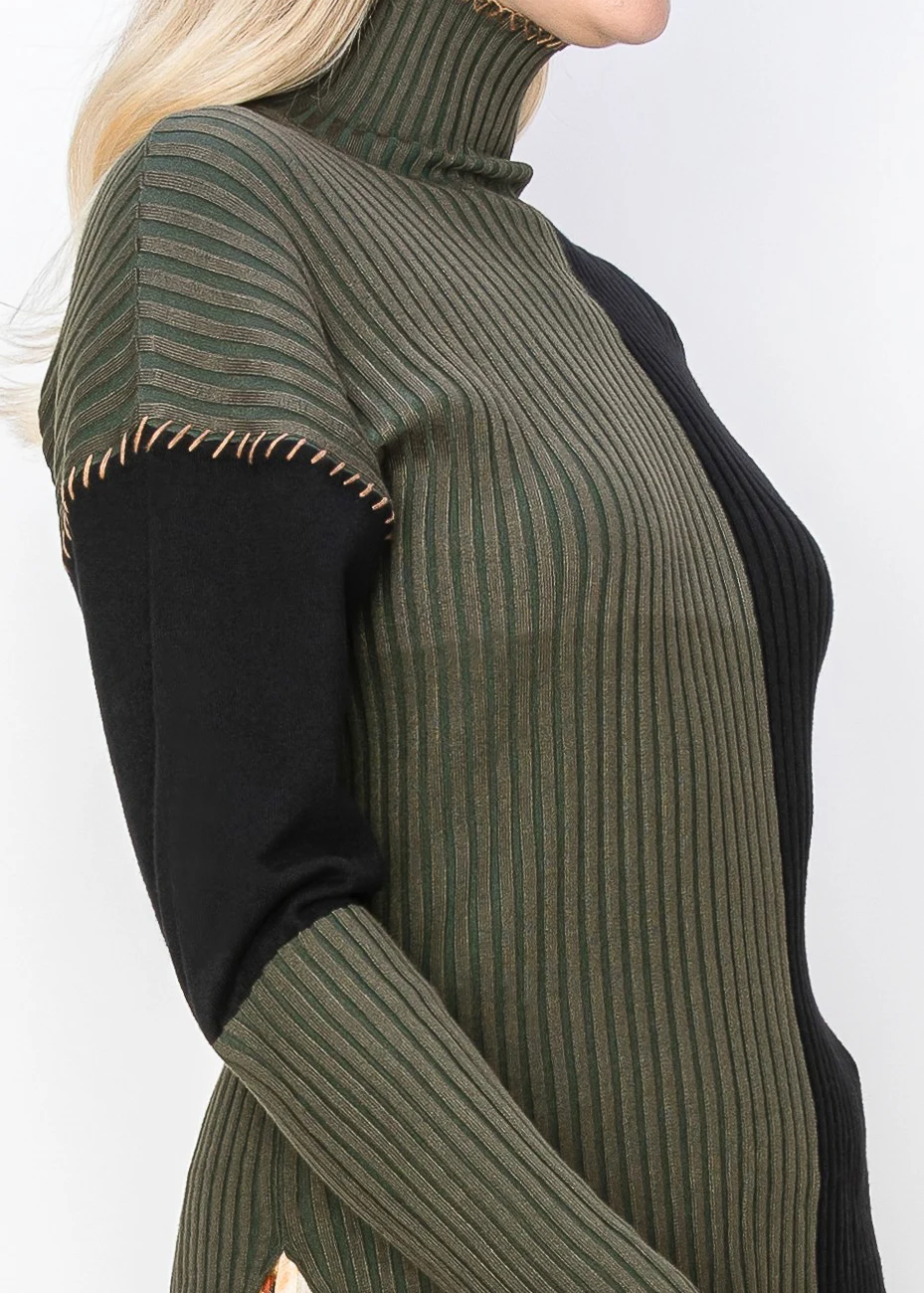 Two-Tone Olive and Black High Neck Sweater | Modest Women Clothing