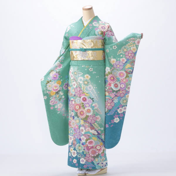 f1018036r2】【グリーン系】振袖 レンタル フルセット Mサイズ 【状態