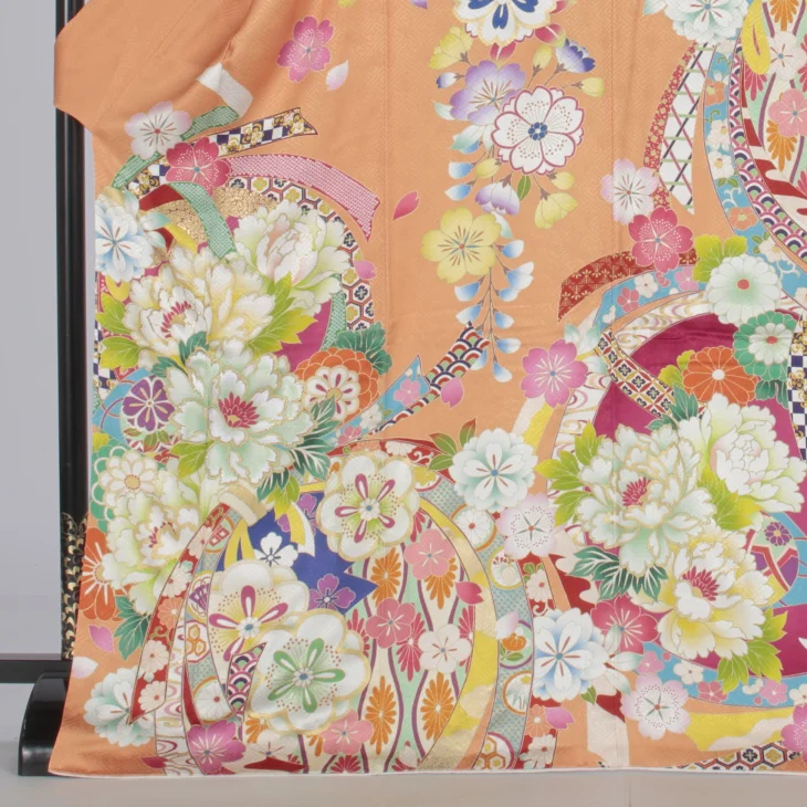 f0525366r】【ピンク・オレンジ系】振袖 レンタル フルセット Lサイズ