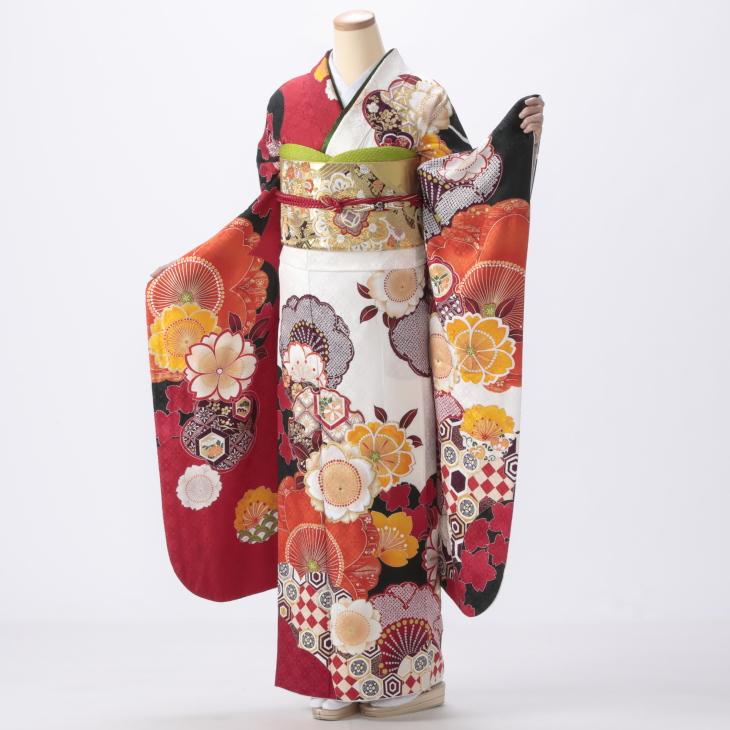 f0922117r】【白・グレー系】振袖 レンタル フルセット Lサイズ 【状態