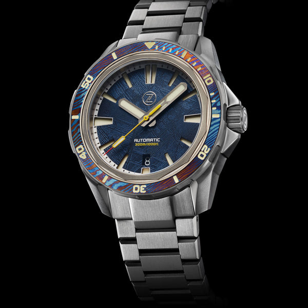 Swordfish Ti 42mm Blue Mete/TiDamascus – Zelos Watches