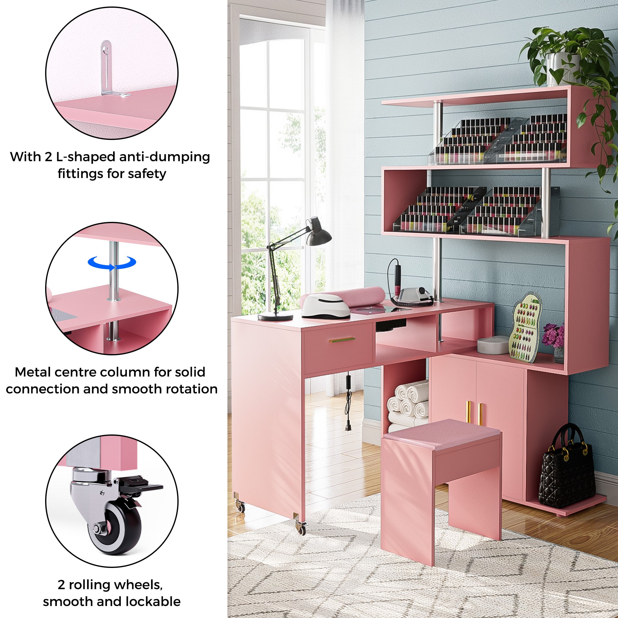 Advwin Rotating Manicure Table Nail Desk with Stool L-Shaped Nail