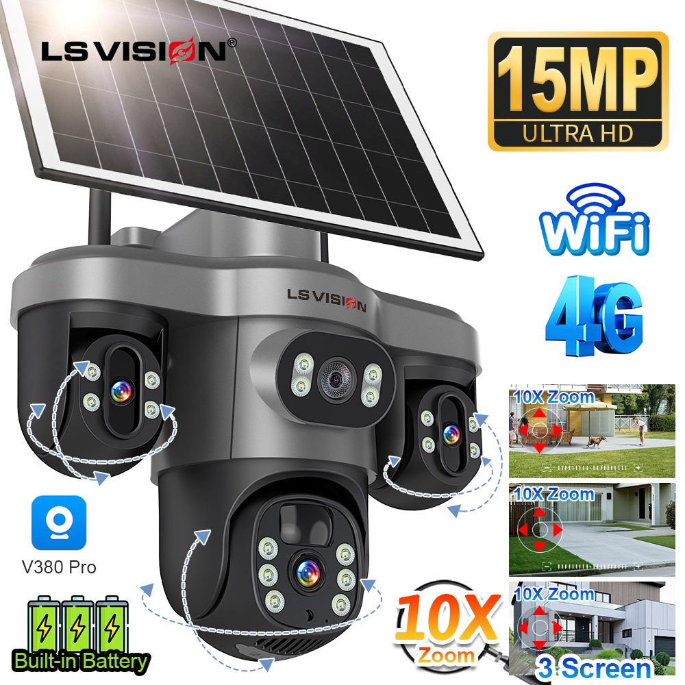 LS VISION 15MP Three PTZ Lens Three Screens 4G Solar Camera