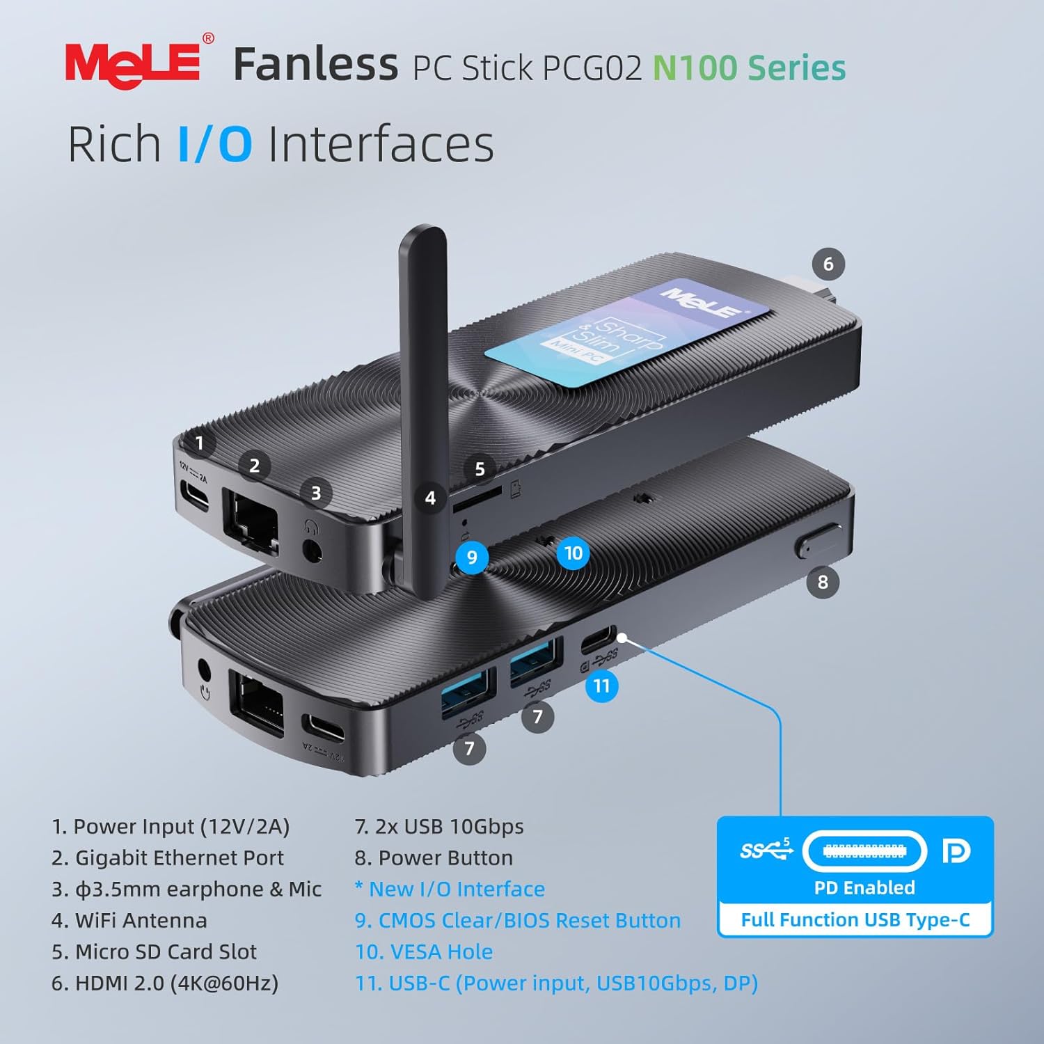 MeLE ファンレスミニ PC スティック PCG02、N100 8GB LPDDR4x 256GB