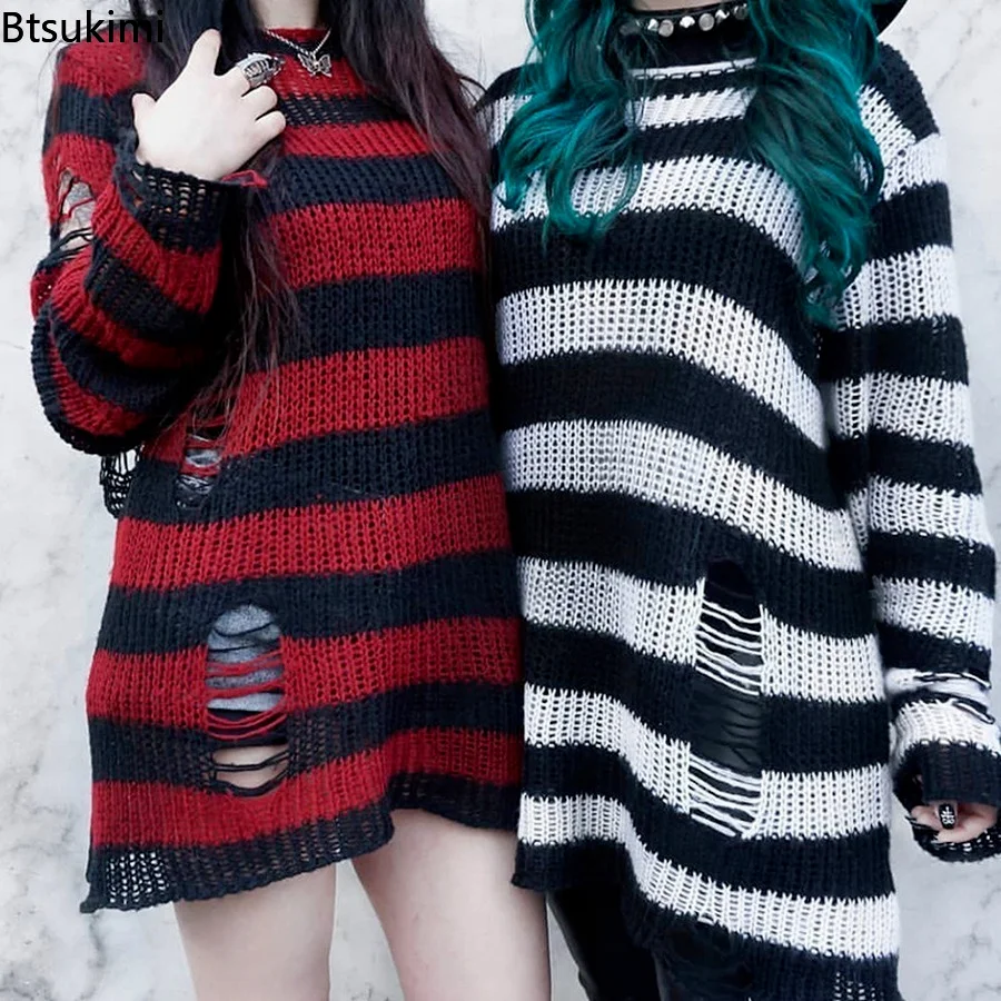 New Punk Gothic Long Sweater Women Dark Aesthetic Striped