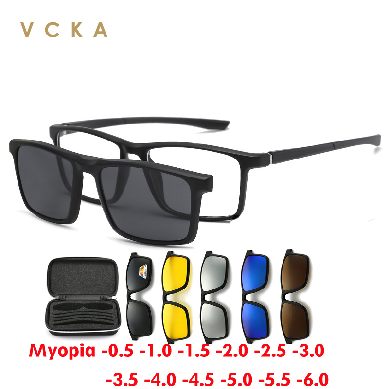 VCKA 6 in 1 Myopia Glasses Magnet Clip Sunglasses Men Women Square